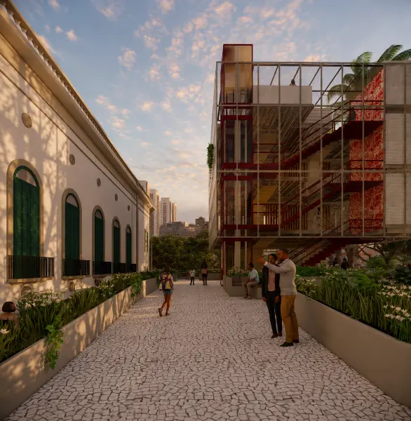 Perspectiva digital do percurso entre o teatro e o volume do Hub Criativo Ágora