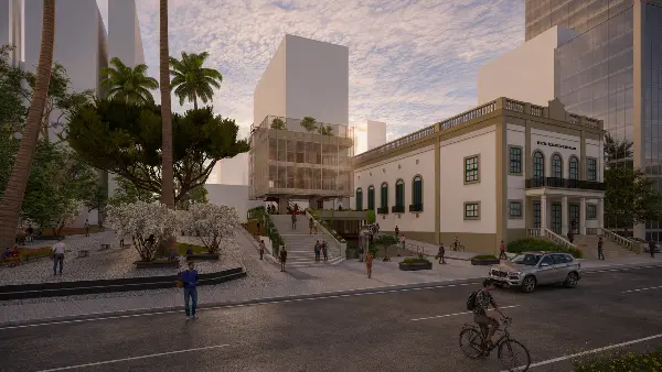 Perspectiva digital da proposta urbana junto à praça e ao Teatro Álvaro de Carvalho